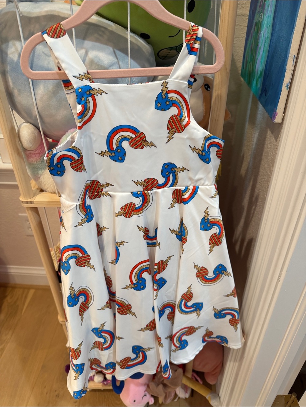 Lola + The Boys White Rainbow & Lightning Skater Dress